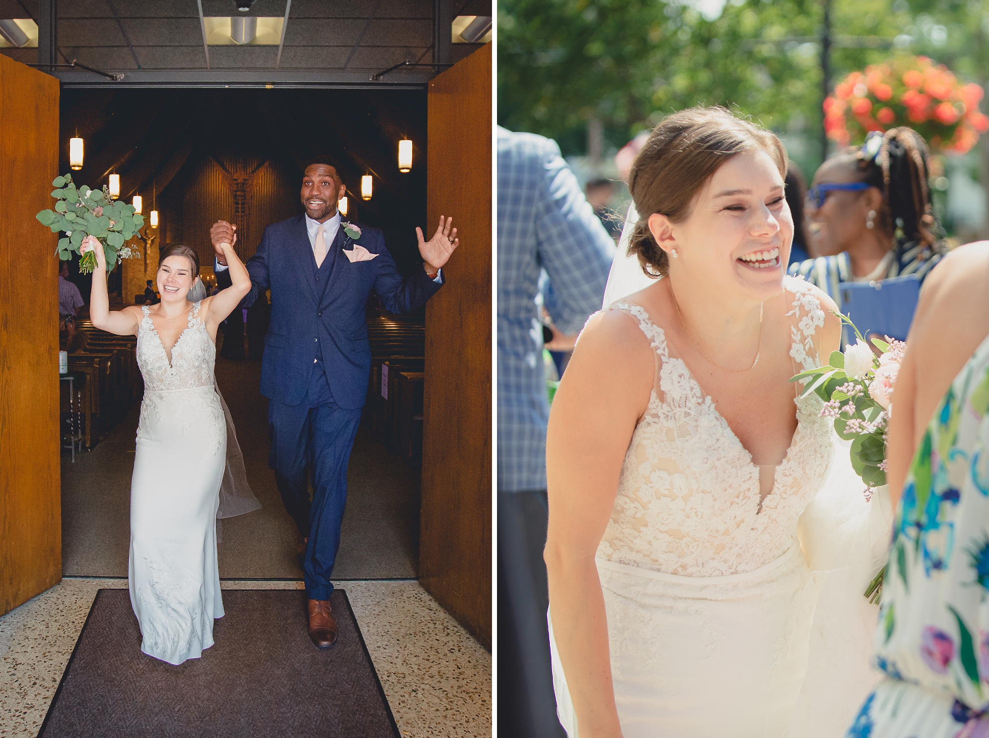 bride and groom celebrate with arms raised as they leave church during micro wedding ceremony at St. Peter's Church in Lewiston, NY