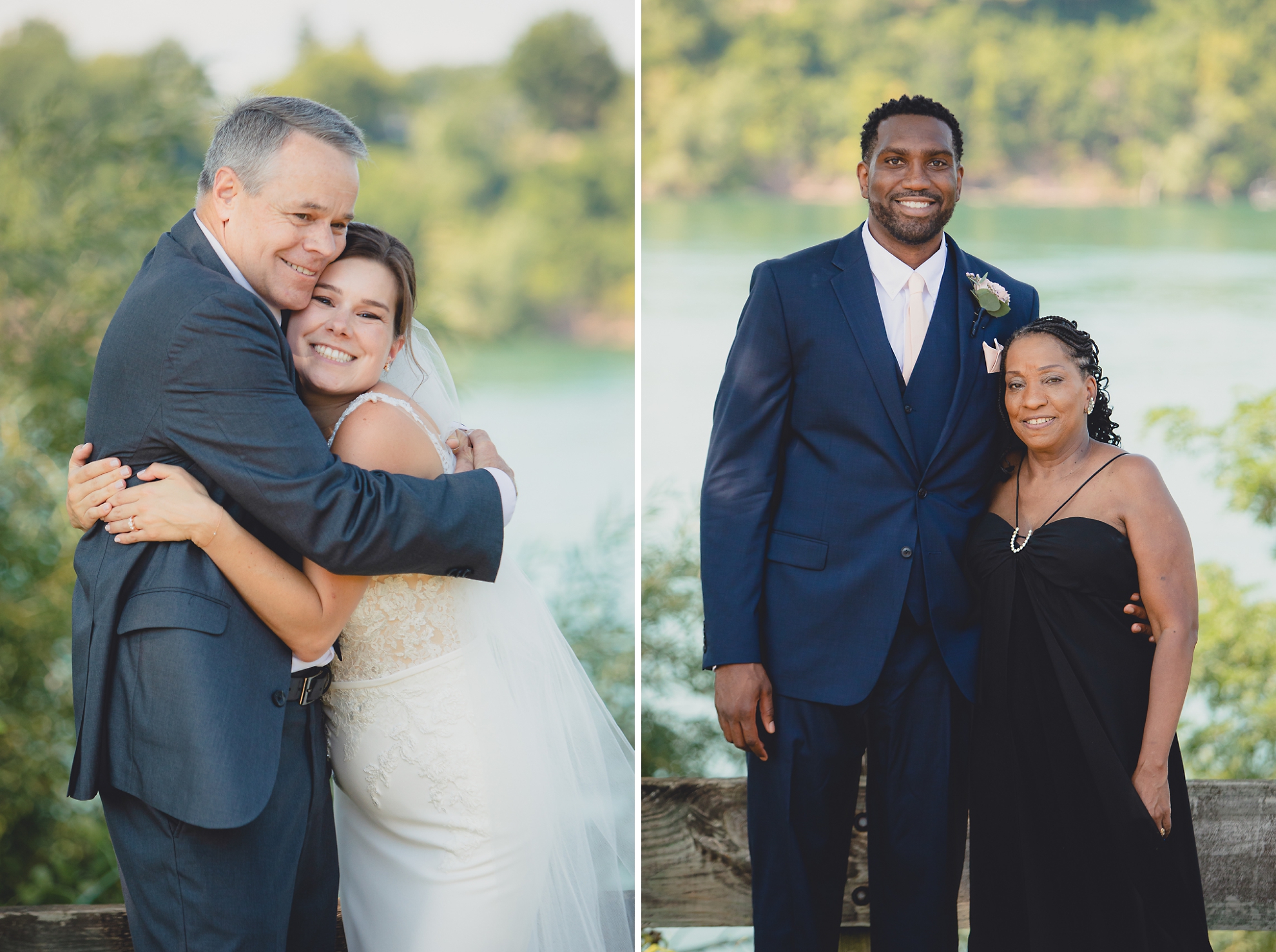 bride, groom families and wedding party smile for photographer during wedding portraits at Lewiston Landing during WNY micro wedding