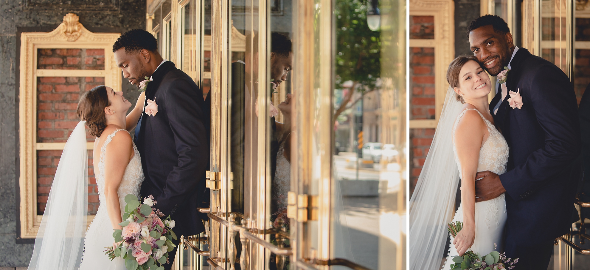 portraits of bride and groom smiling for photographer in theater district of Buffalo, NY near Shea's Theater during WNY micro wedding celebration