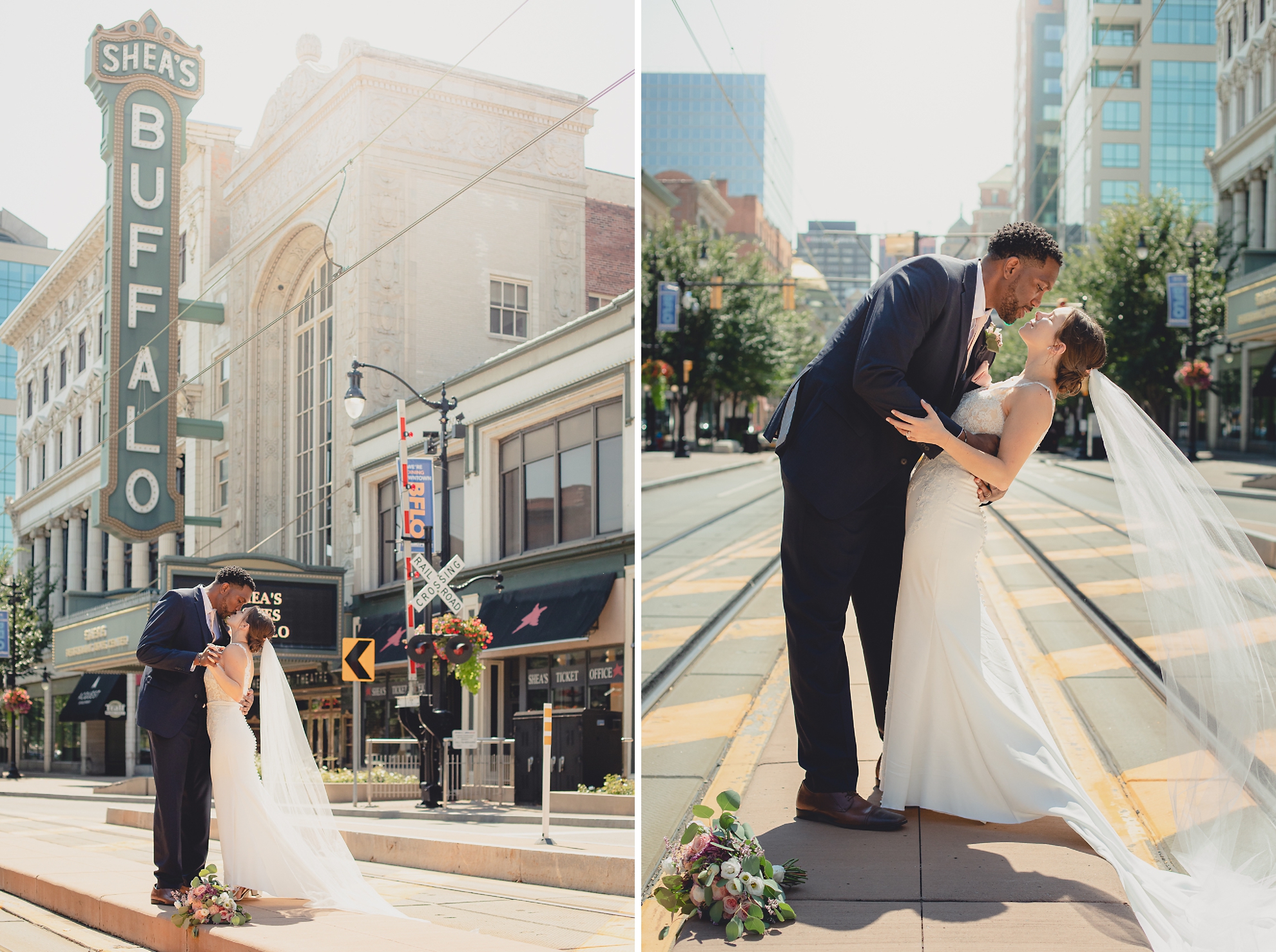 bride and groom kiss in theater district of Buffalo, NY near Shea's Theater during WNY micro wedding celebration
