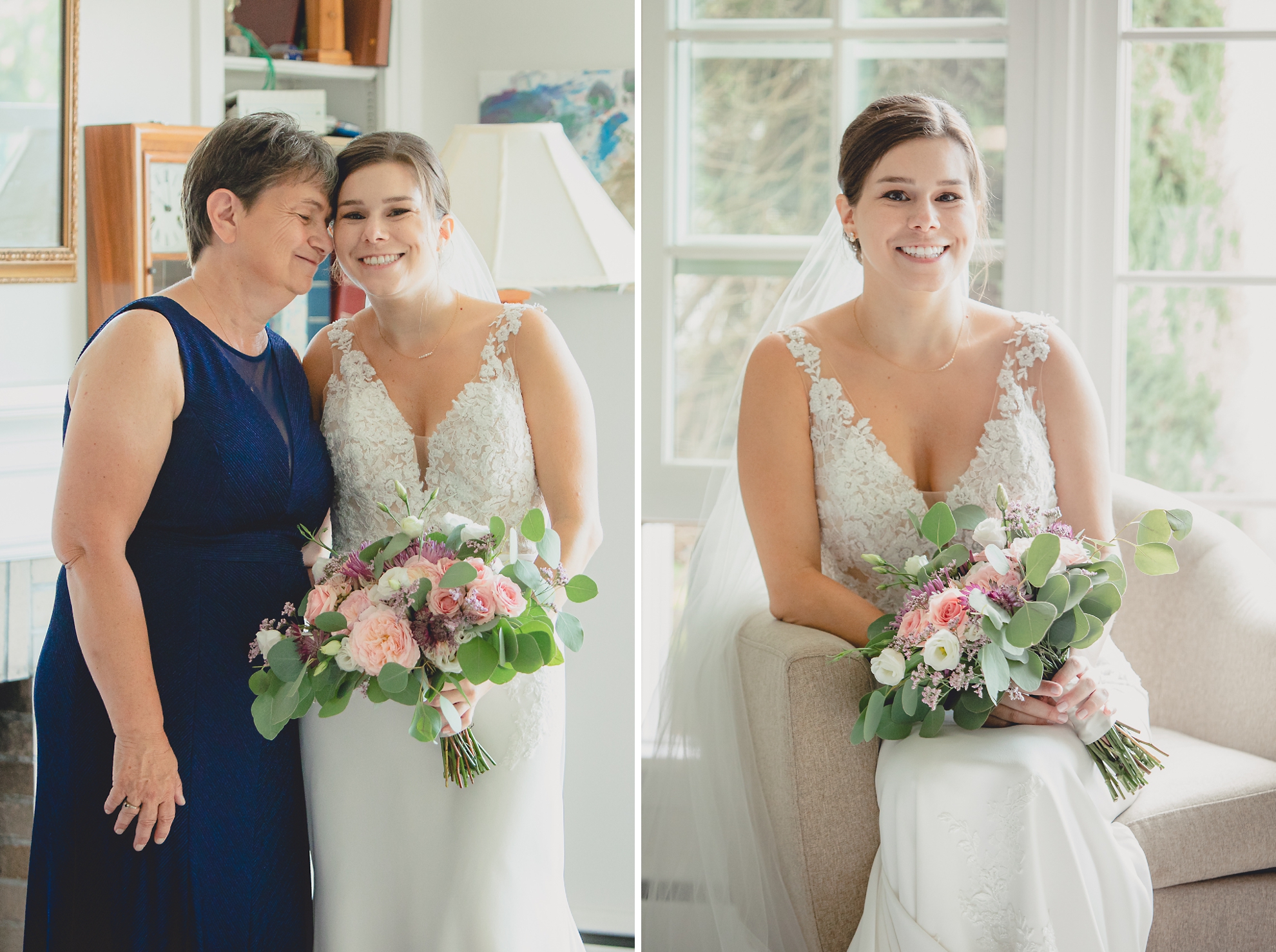 bride and mom smile for photographer before micro wedding in WNY