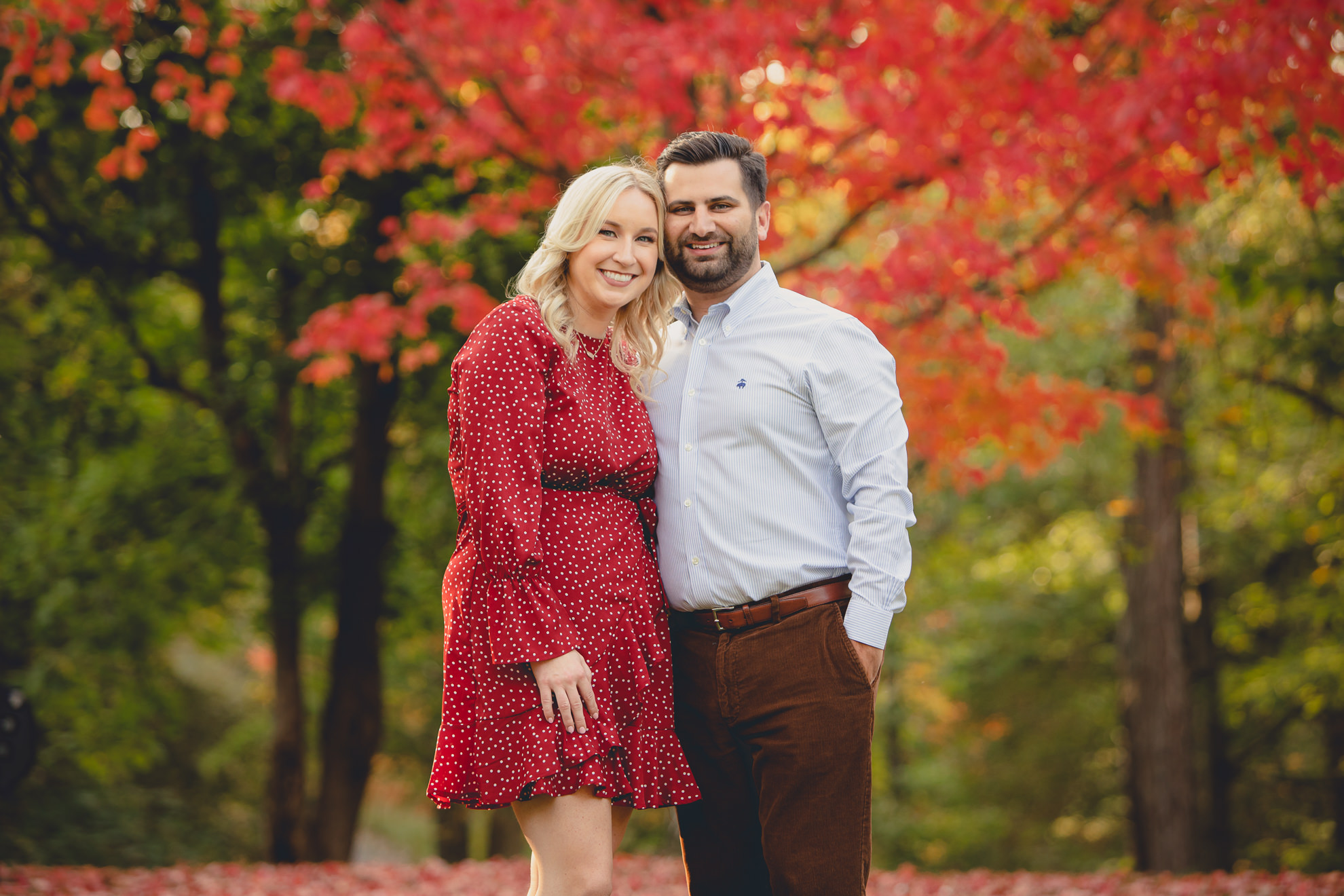 wedding engagement photography with fall foliage in Delaware Park in Buffalo, NY