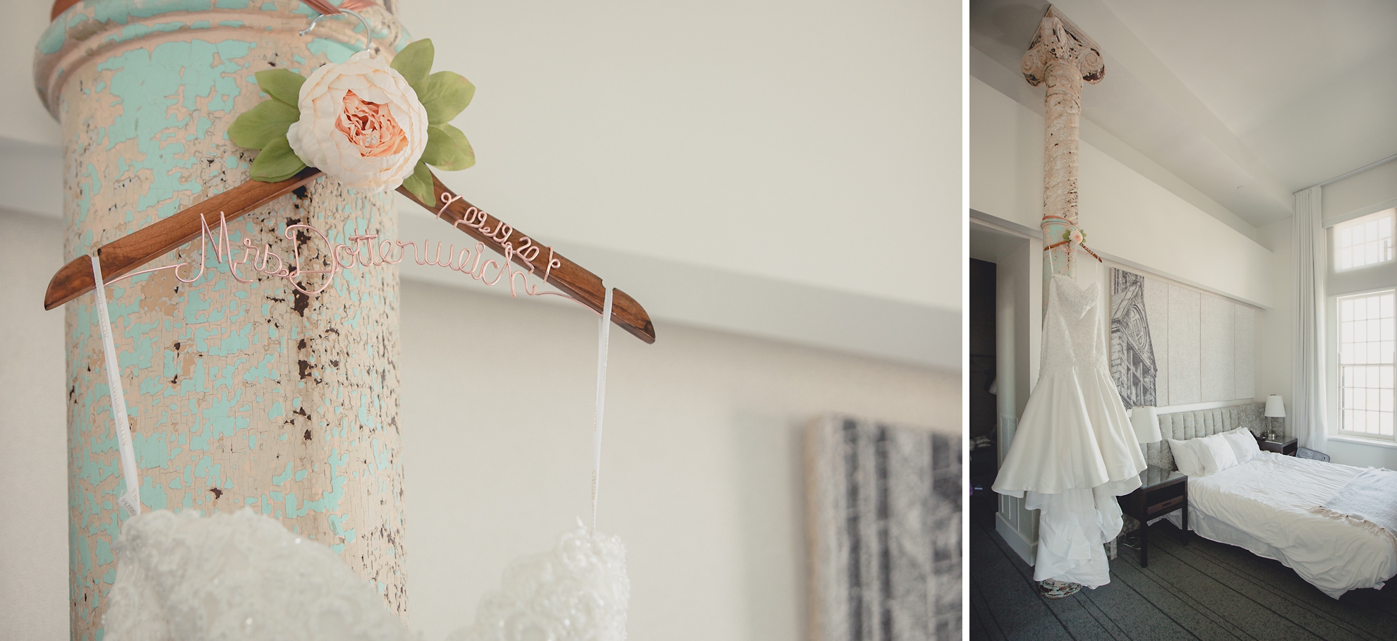 brides dress hangs from column in room before wedding at Hotel Henry in Buffalo, NY