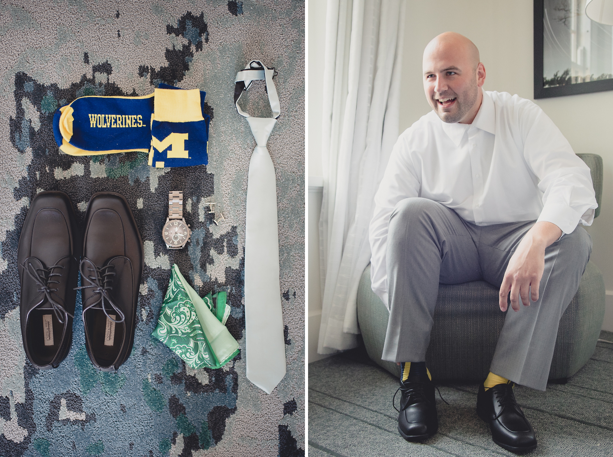 groom puts on shoes in room before wedding at Hotel Henry in Buffalo, NY