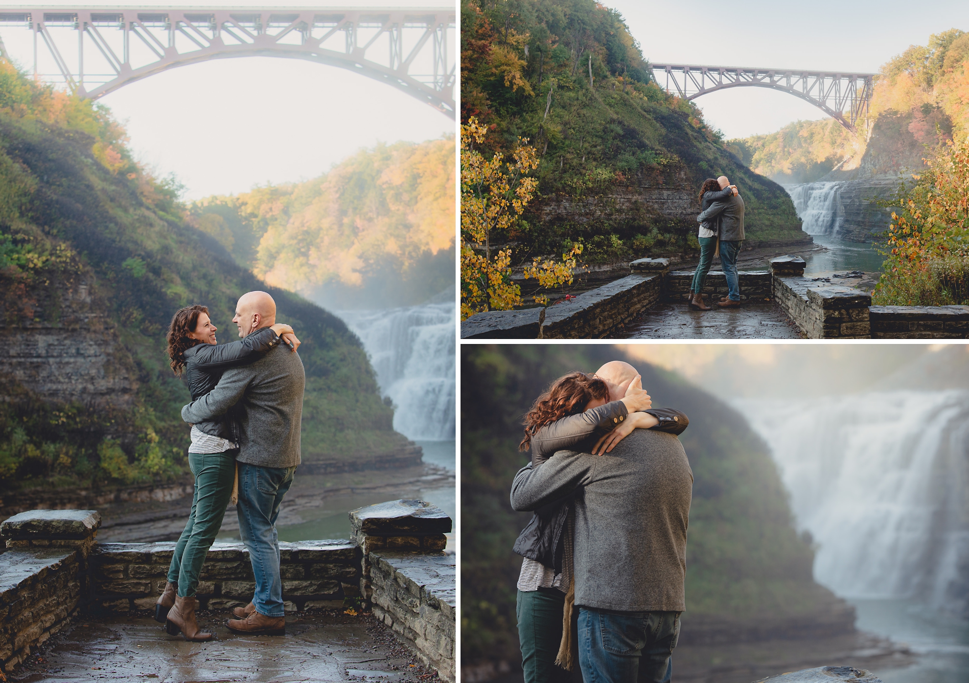 bride and groom hug and laugh after wedding proposal in front of Upper Falls at Letchworth State Park near Buffalo, NY