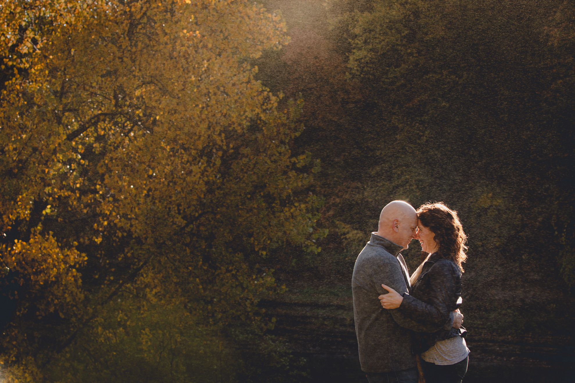 bride and groom pose with foreheads touching after wedding proposal in front of Upper Falls at Letchworth State Park near Buffalo, NY