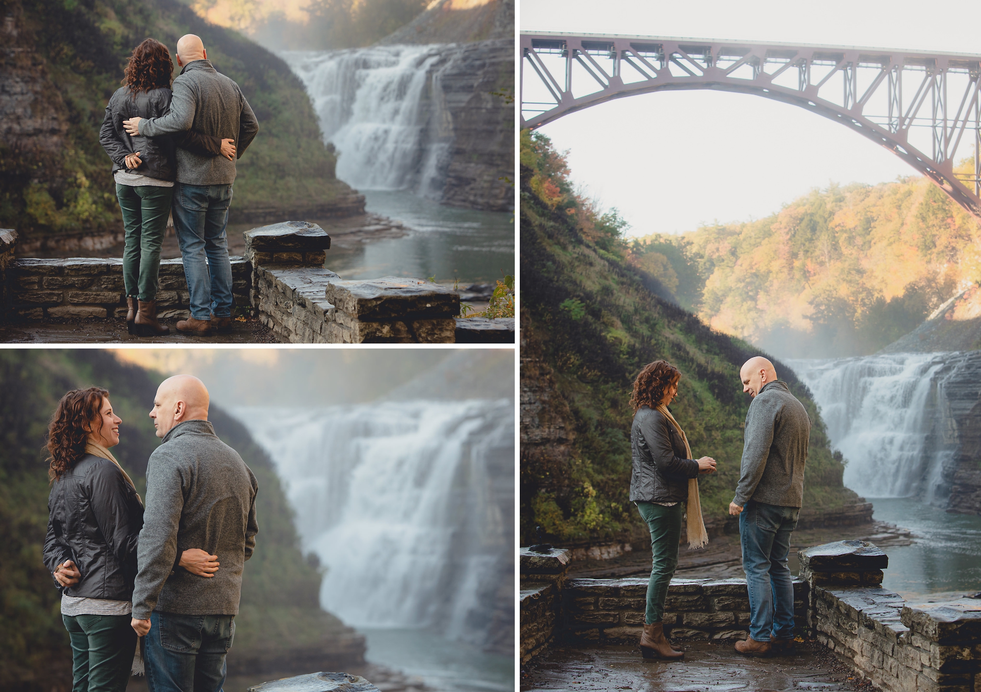 bride proposes to groom in front of Upper Falls at Letchworth State Park near Buffalo, NY