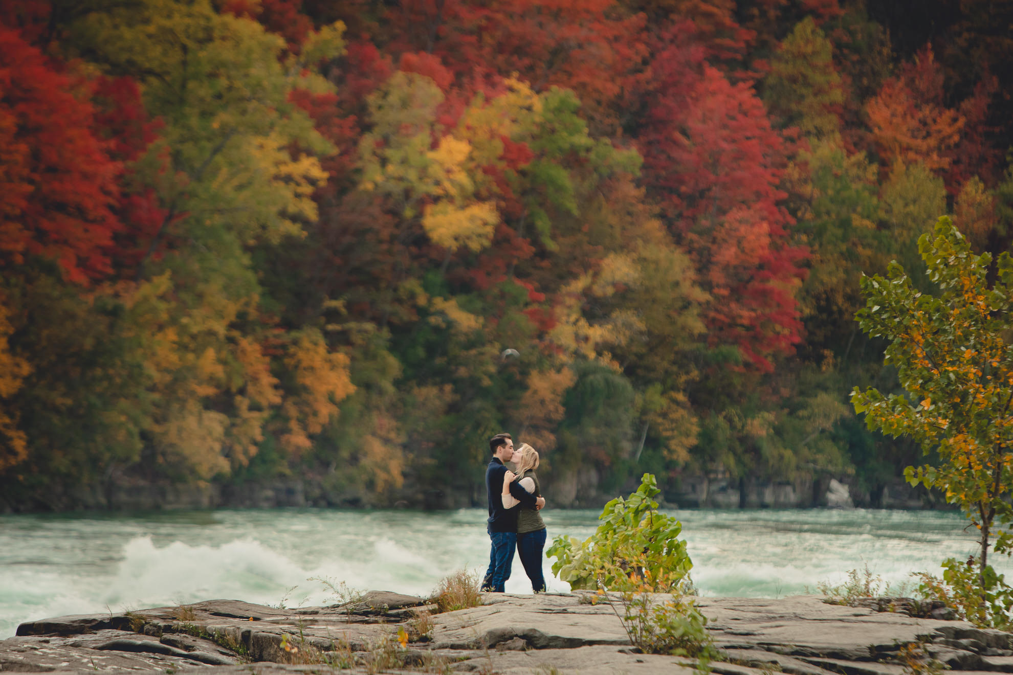 couple kisses after wedding engagement proposal photography with rapids and fall foliage in background at Whirlpool State Park in Niagara Falls, NY
