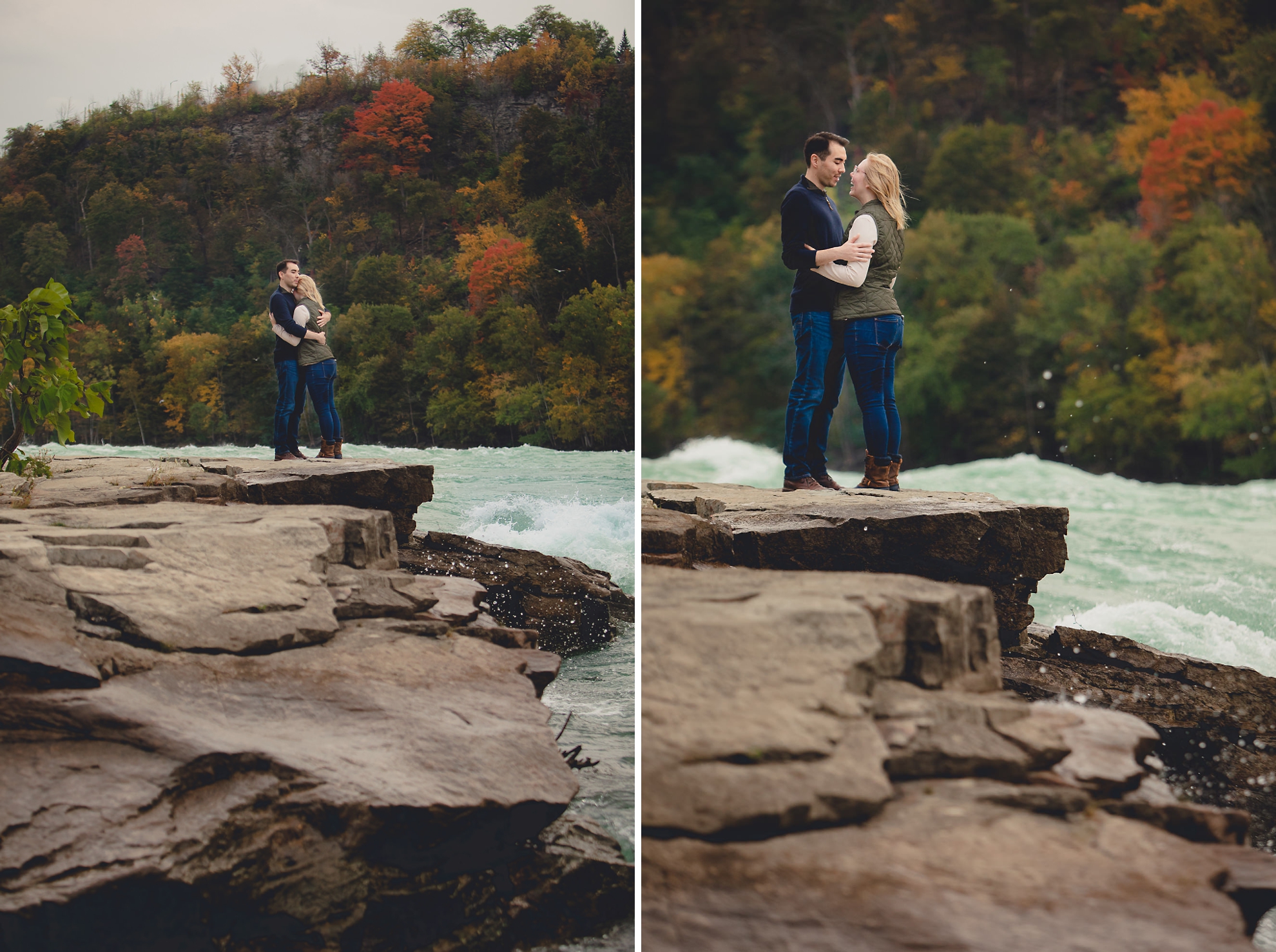 bride and groom admire rapids and fall foliage before wedding engagement proposal in Whirlpool State Park in Niagara Falls, NY