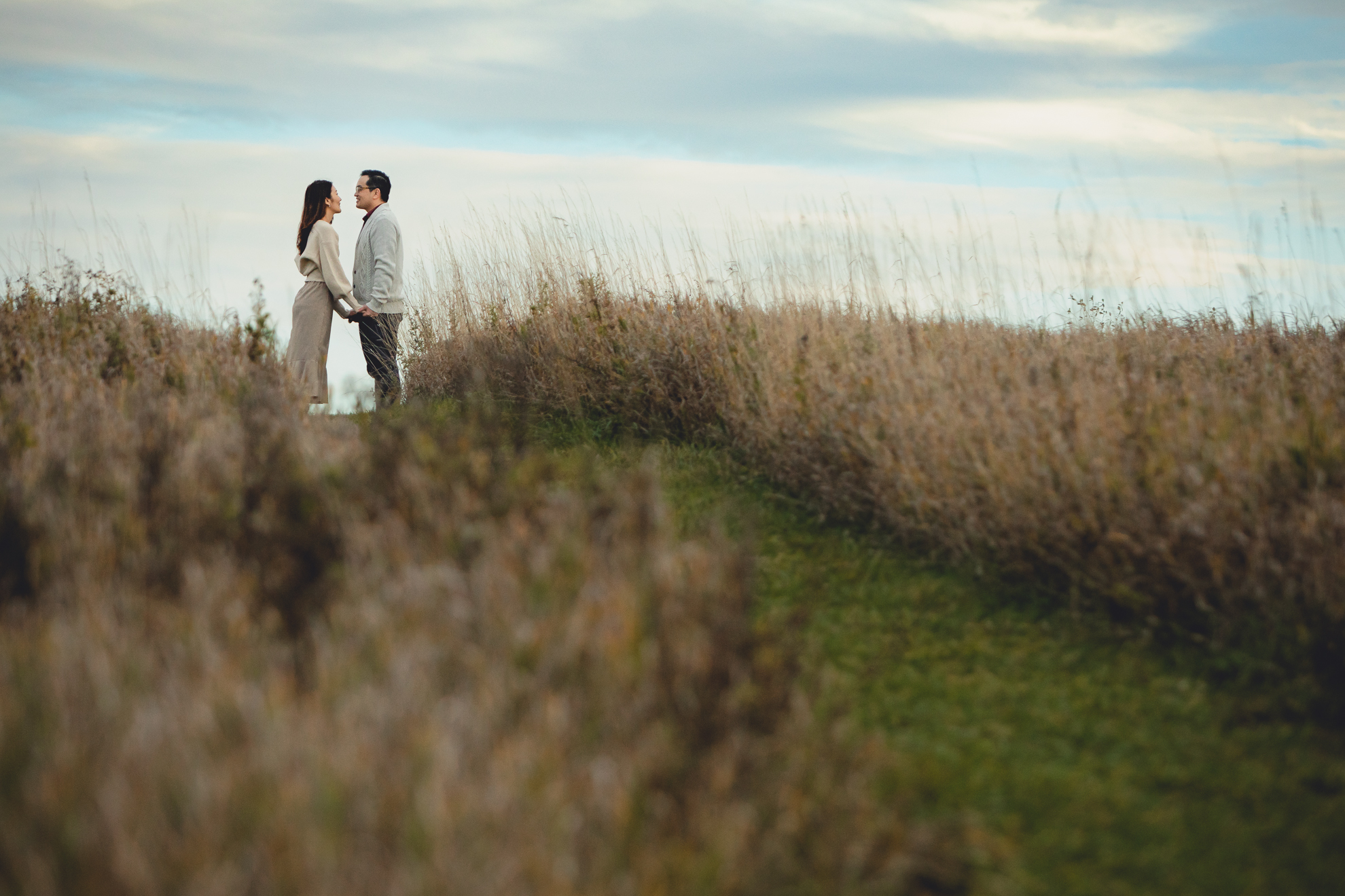 bride and groom hold hands on top of hill in field after wedding engagement proposal at Tifft Nature Preserve in Buffalo, NY