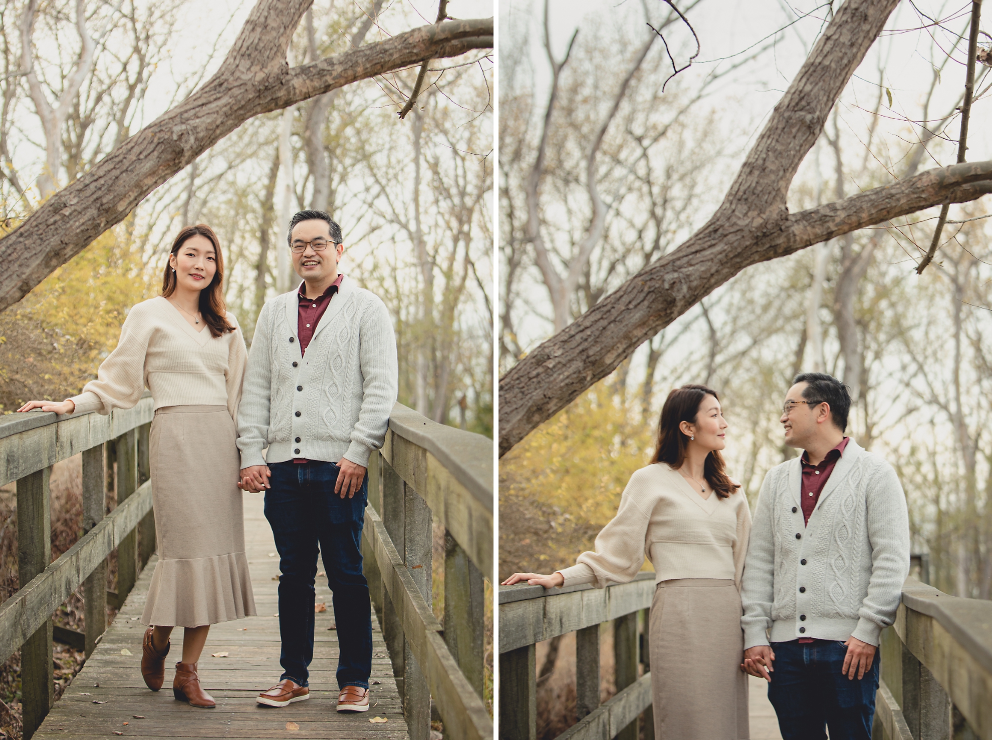 bride and groom pose for portraits during engagement photography session among fall foliage in Tifft Nature Preserve in Buffalo, NY