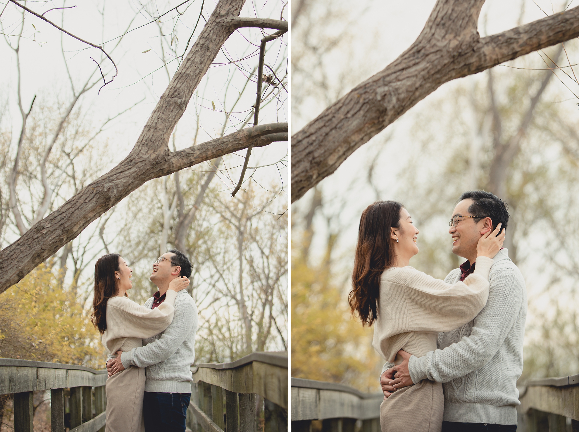 bride and groom laugh during engagement photography session among fall foliage in Tifft Nature Preserve in Buffalo, NY