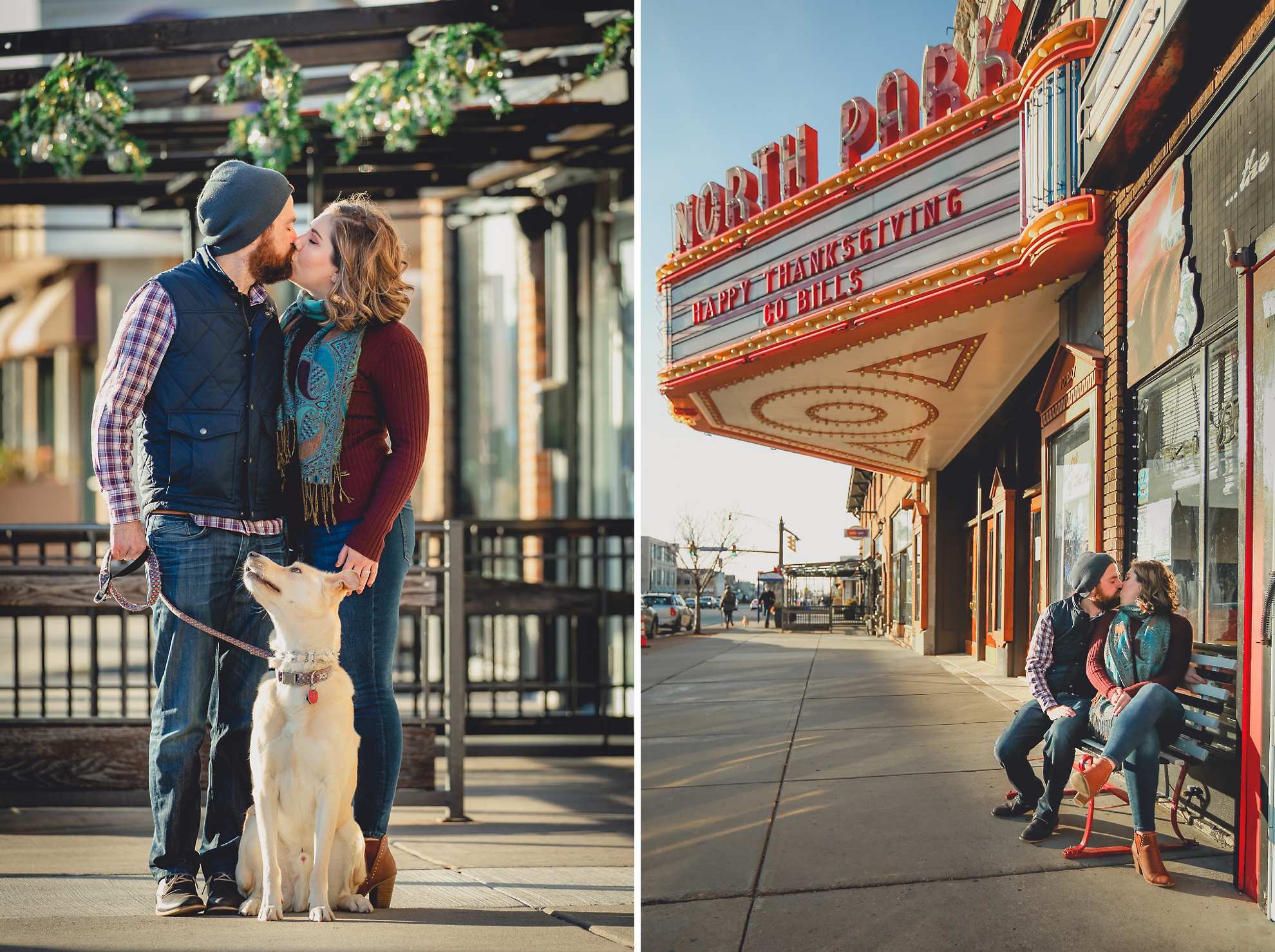 couple kisses in front of North Park Theater during couples mini photography session on Hertel Ave. in North Buffalo, NY