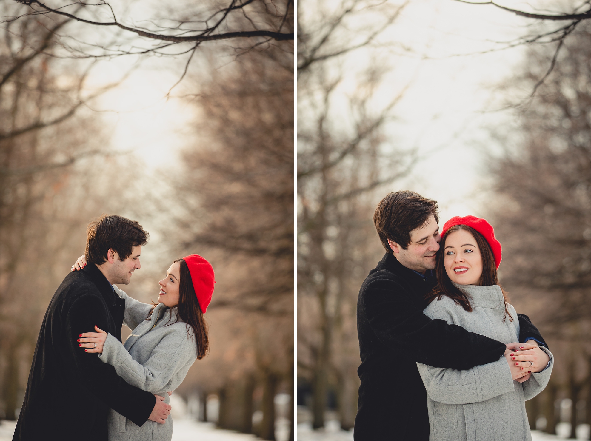 bride and groom look at one another smiling between the trees on Lincoln Parkway in Delaware Park during their wedding engagement photography session in Buffalo, NY