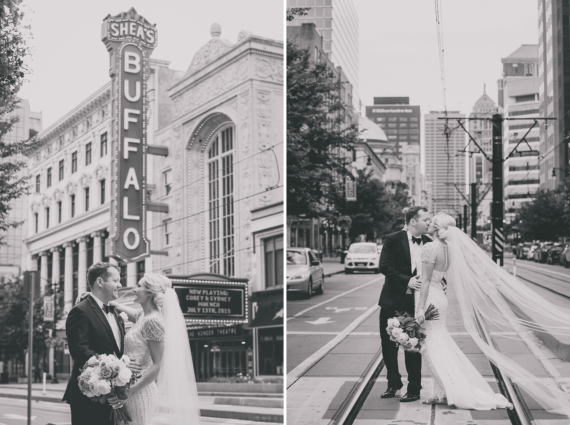 bride and groom pose for wedding portrait in the theater district of downtown Buffalo near Shea's theater.