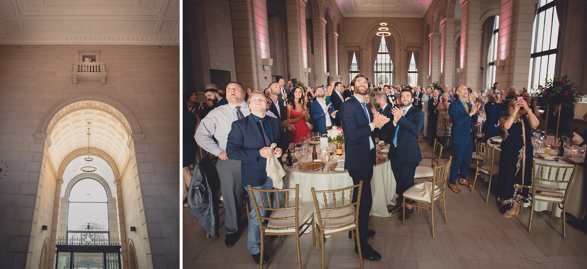 bride and groom are introduced from balcony at Admiral Room Ballroom wedding reception venue in downtown Buffalo, NY