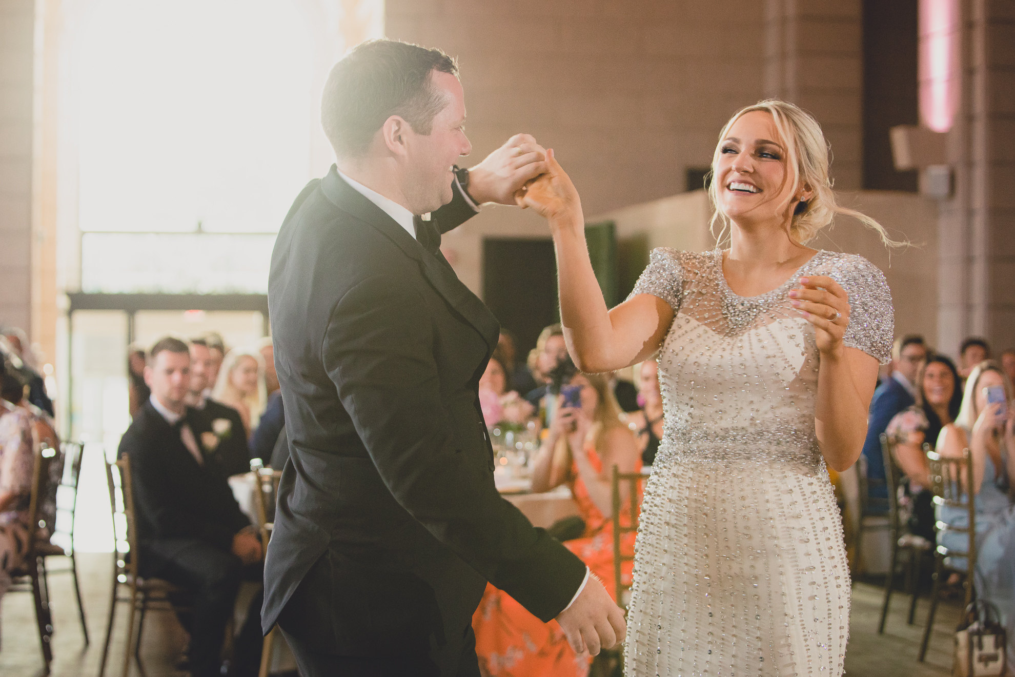 bride and groom dance at Admiral Room Ballroom wedding reception venue in downtown Buffalo, NY