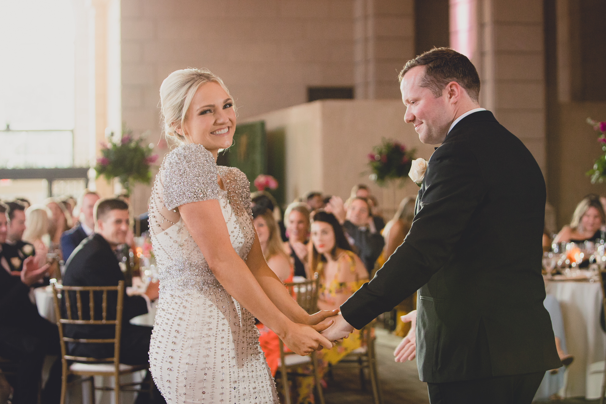 bride and groom dance at Admiral Room Ballroom wedding reception venue in downtown Buffalo, NY