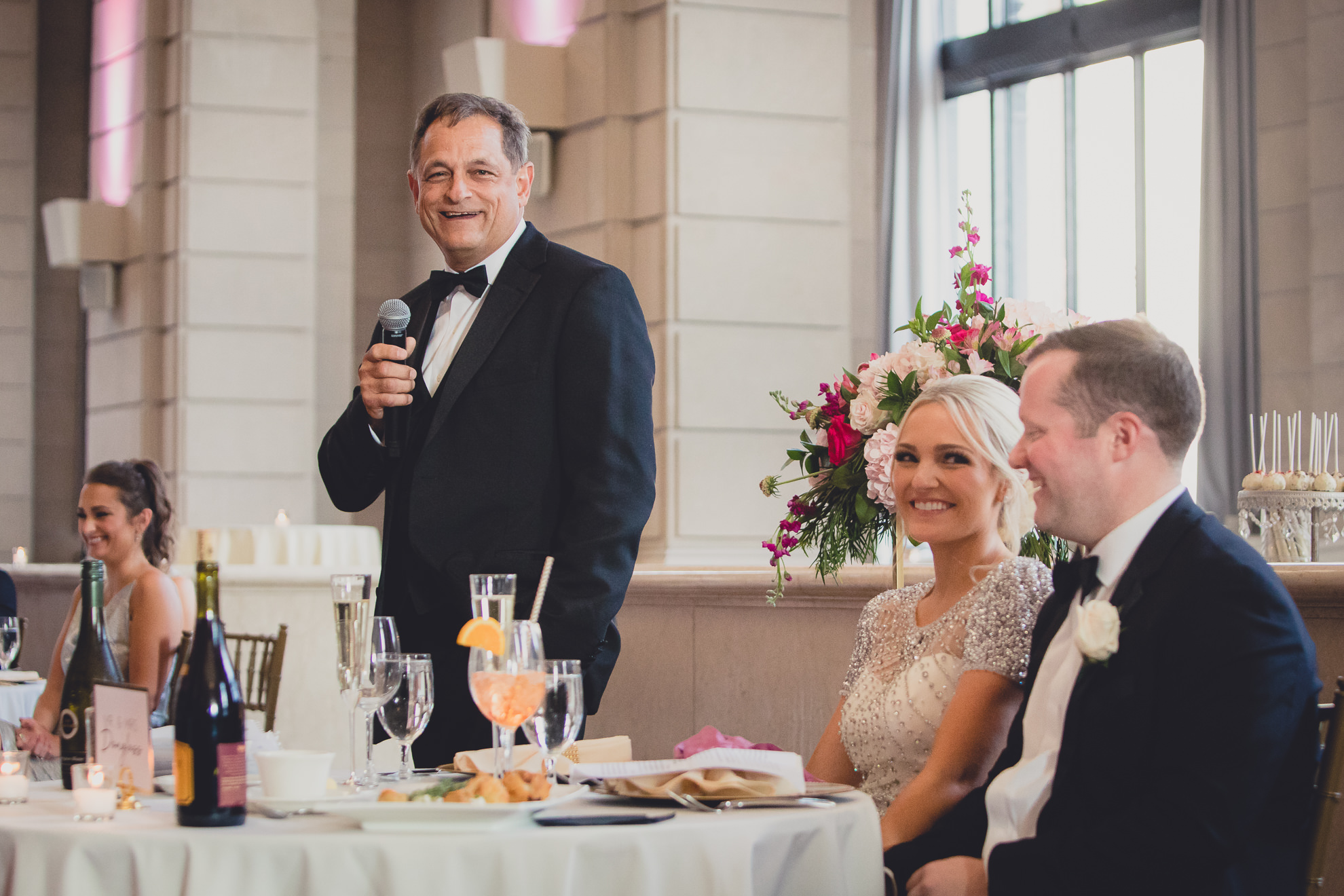 father of bride delivers speech at Admiral Room Ballroom wedding reception venue in downtown Buffalo, NY