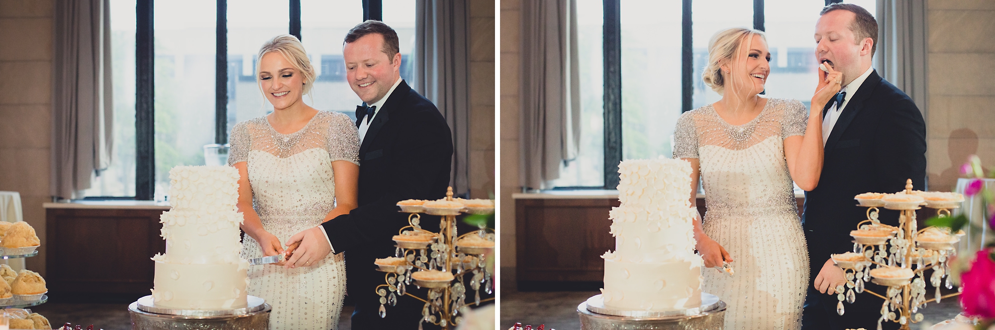 Bride and groom cut cake at Admiral Room Ballroom wedding reception venue in downtown Buffalo, NY