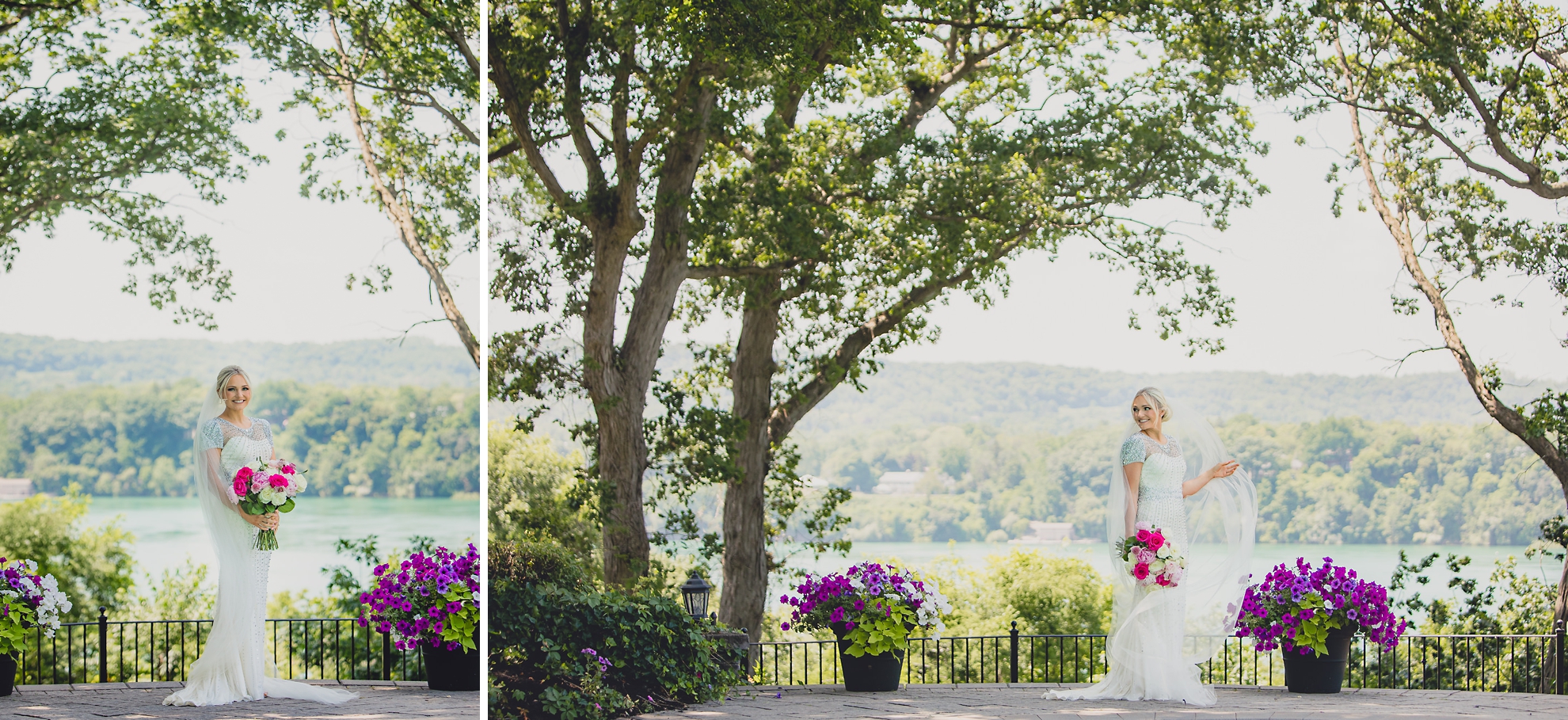 bride poses for portrait in backyard along the Niagara River in Lewiston, NY