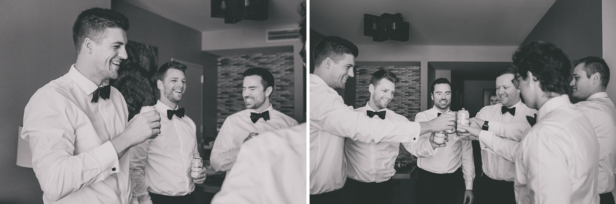 groomsman have toast while getting ready for wedding ceremony at the Westin Hotel in Buffalo, NY