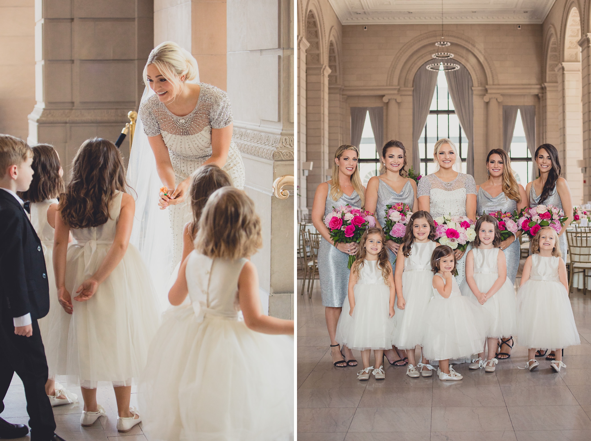 bride poses for portrait with flower girls at the Admiral Room wedding venue in Buffalo, NY