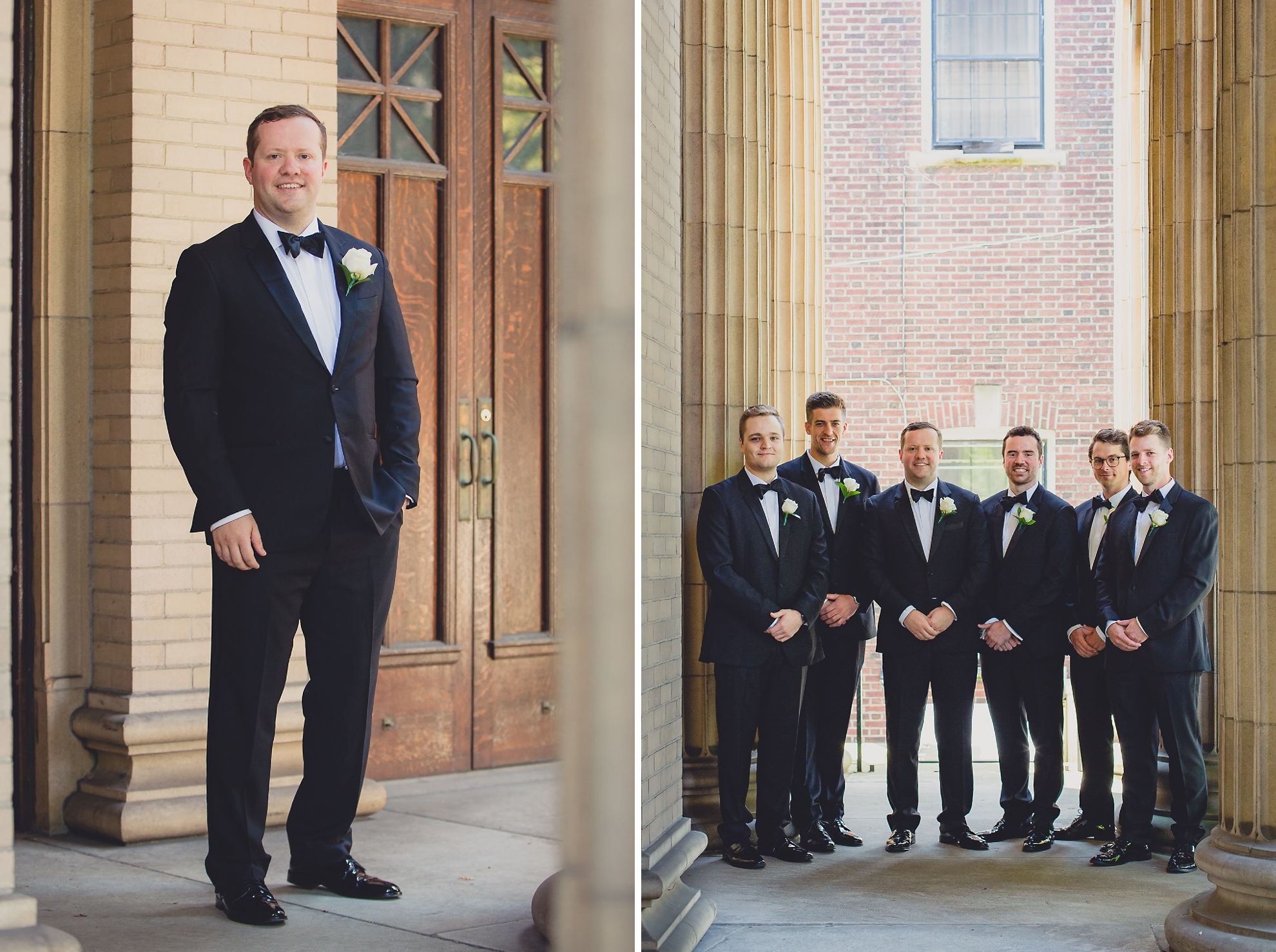 groom and groomsman pose for portrait with photographer before wedding ceremony at Karpeles Manuscript Library in Buffalo, NY