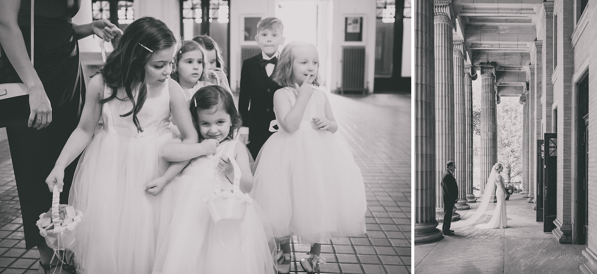 bride and flower girls wait to walk down aisle during wedding ceremony at Karpeles Manuscript Library in Buffalo, NY