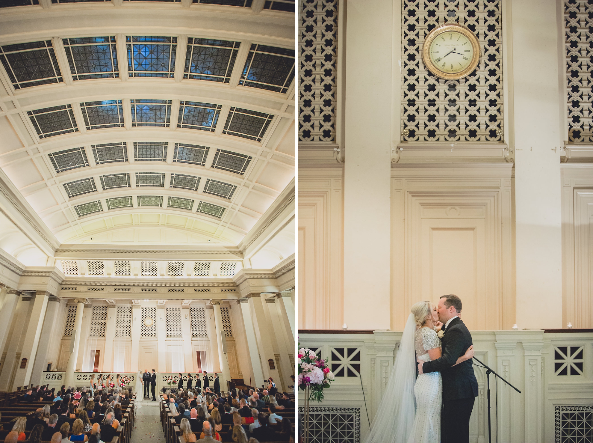 bride and groom kiss during wedding ceremony at Karpeles Manuscript Library in Buffalo, NY