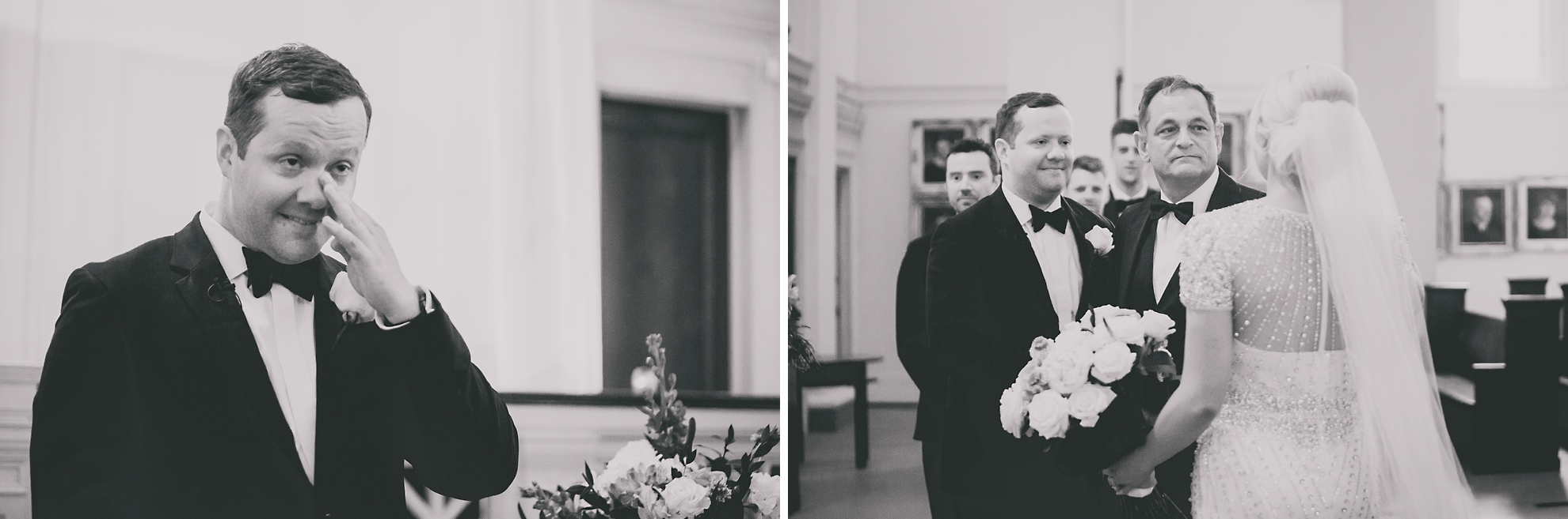 groom and father look at bride during wedding ceremony at Karpeles Manuscript Library in Buffalo, NY