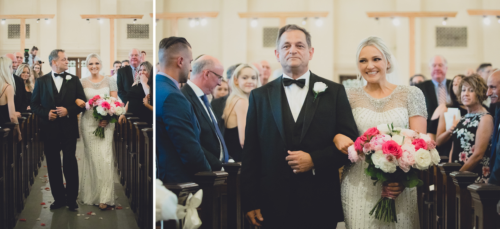 bride and father walk down aisle during wedding ceremony at Karpeles Manuscript Library in Buffalo, NY