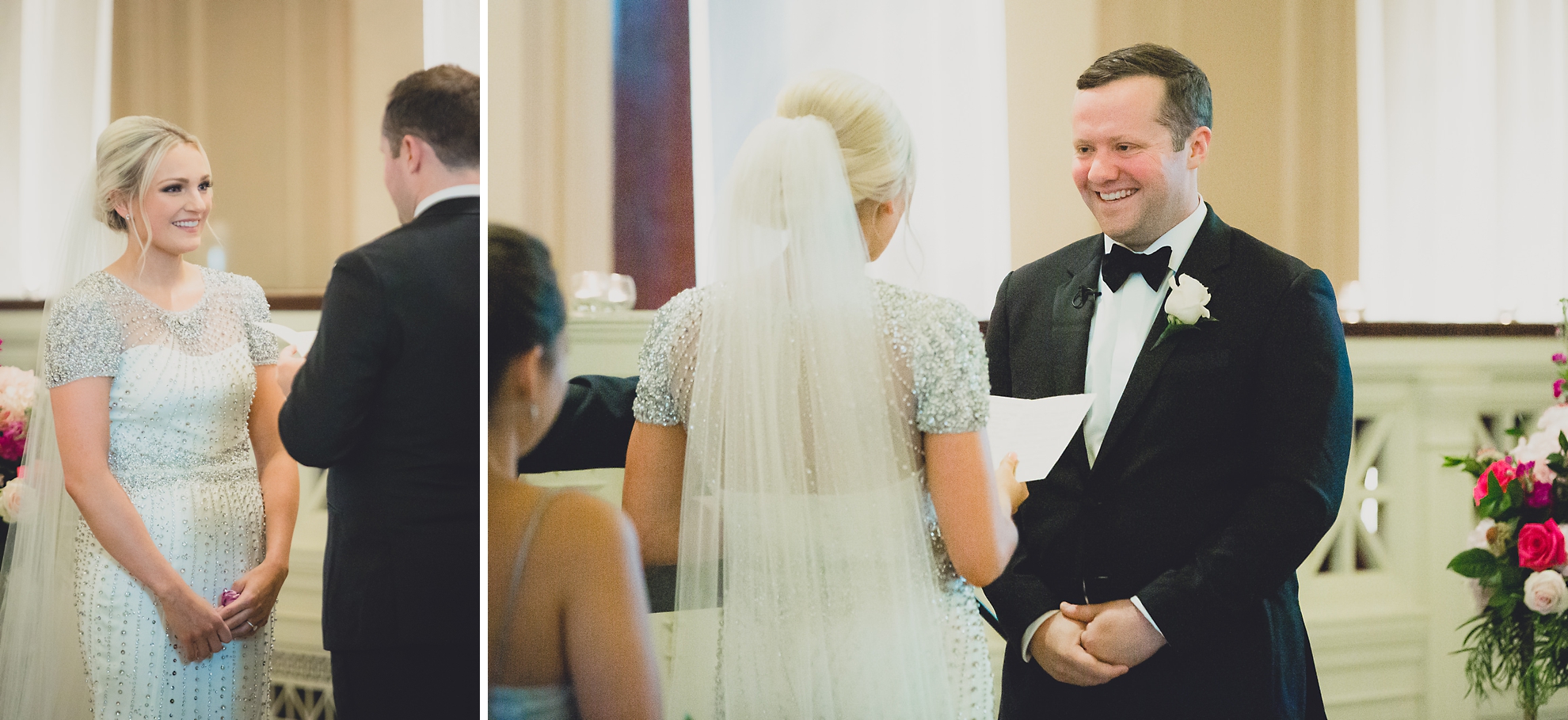 bride and groom smiles at each other during wedding ceremony at Karpeles Manuscript Library in Buffalo, NY