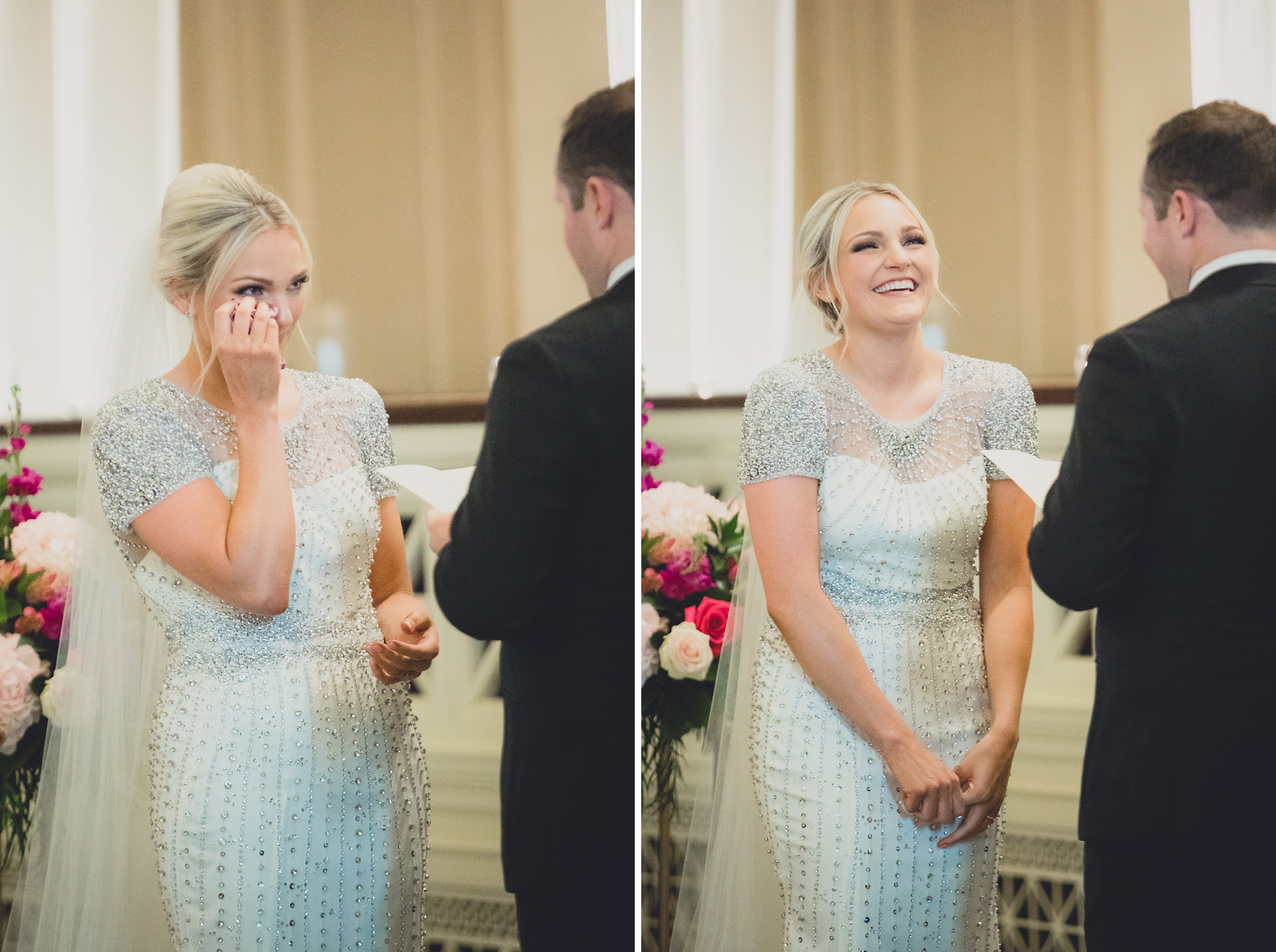 bride laughs as she wipes tears during wedding ceremony at Karpeles Manuscript Library in Buffalo, NY
