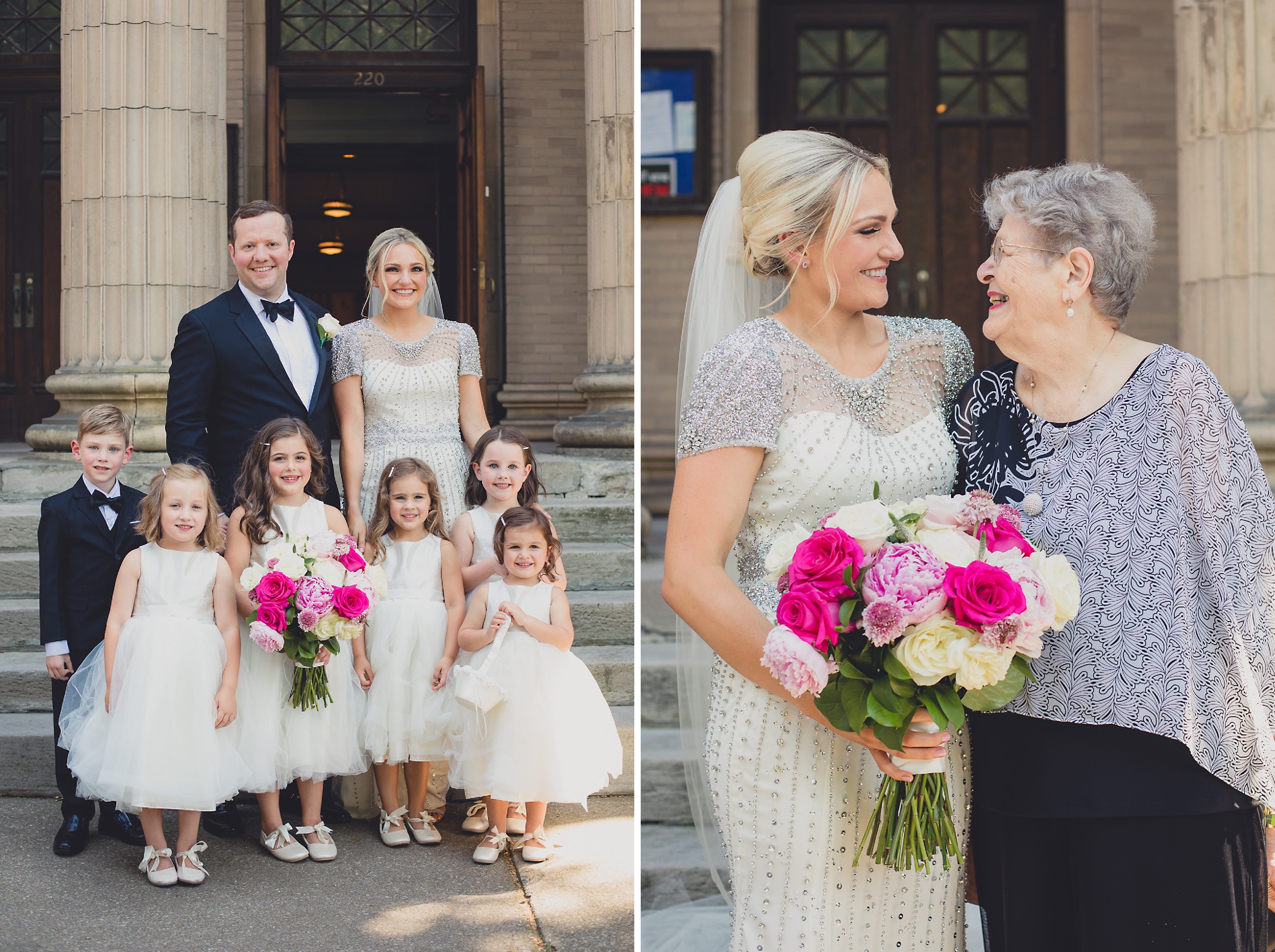 family poses for portrait on front steps of Karpeles Manuscript library after wedding ceremony in Buffalo, NY