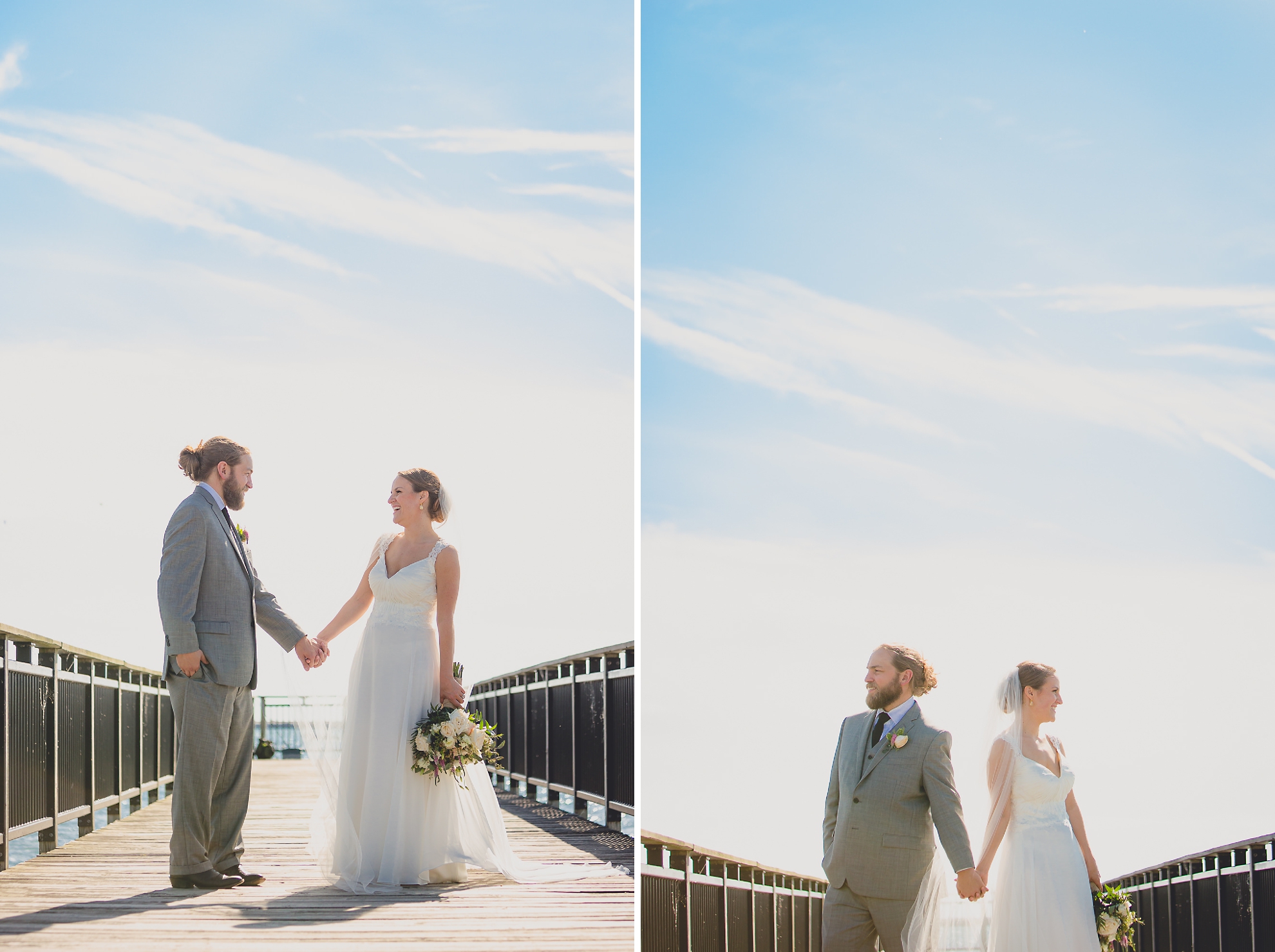 bride and groom pose for photographer at wedding on pier at Gallagher Beach on Outer Harbor of Buffalo, NY