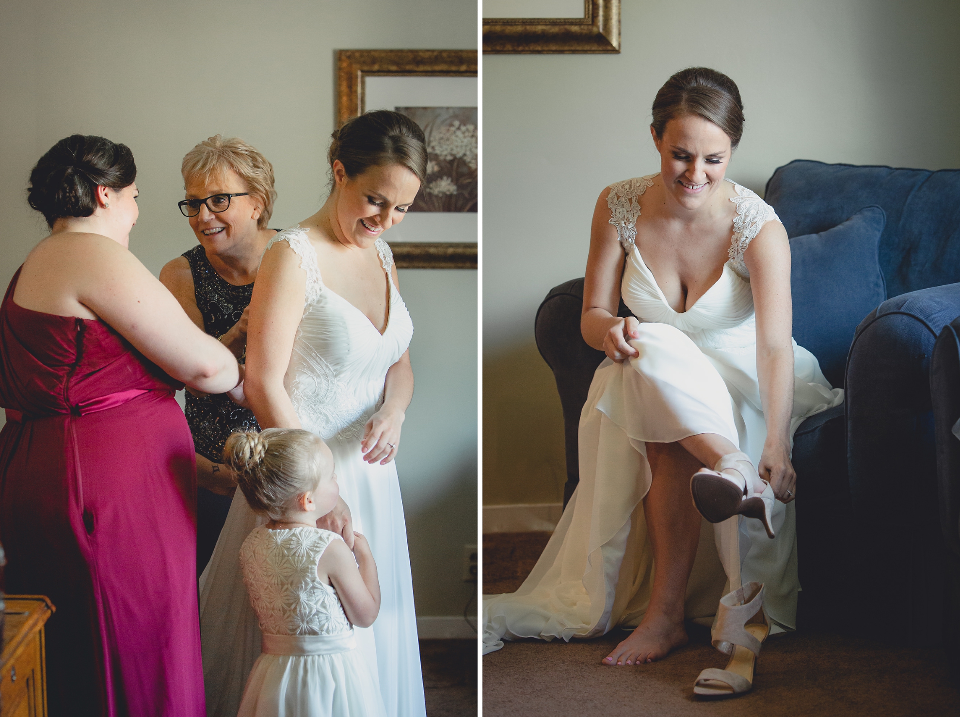 bride puts on shoes before wedding ceremony in Buffalo, NY
