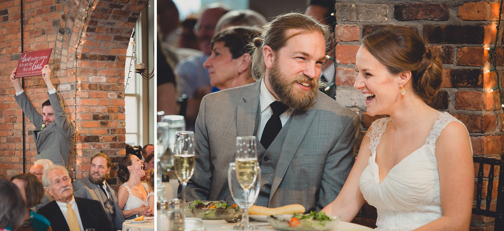 bride and groom laugh during speeches at wedding reception venue Pearl at the Webb in Buffalo, NY