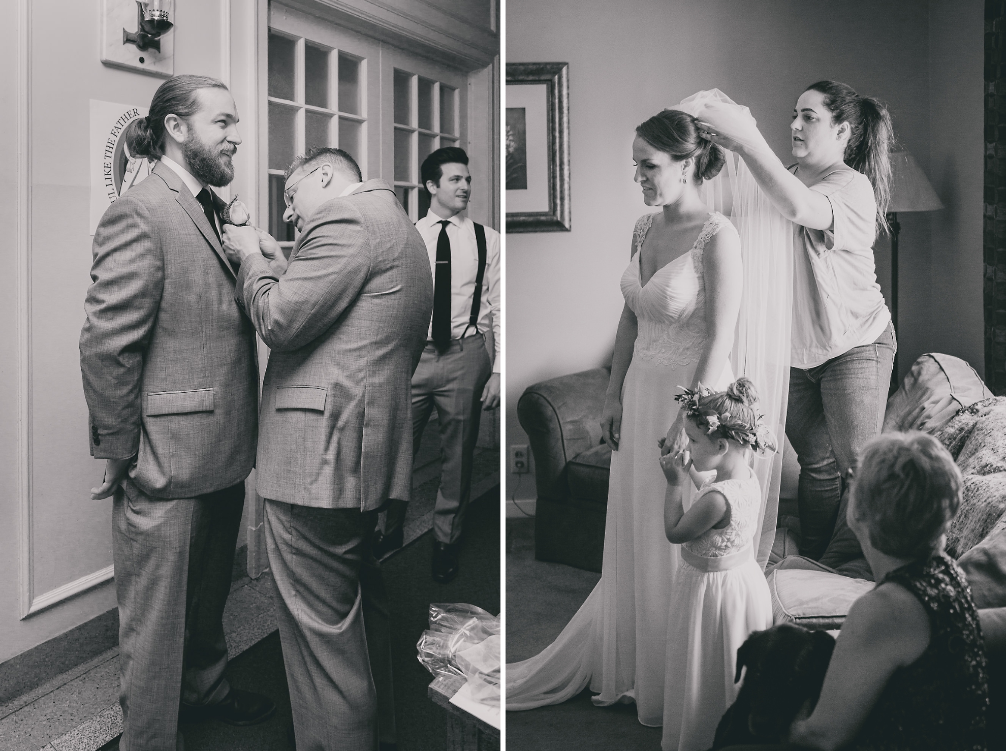 bride has veil placed and groomsman has flower pinned on before wedding ceremony in Buffalo, NY