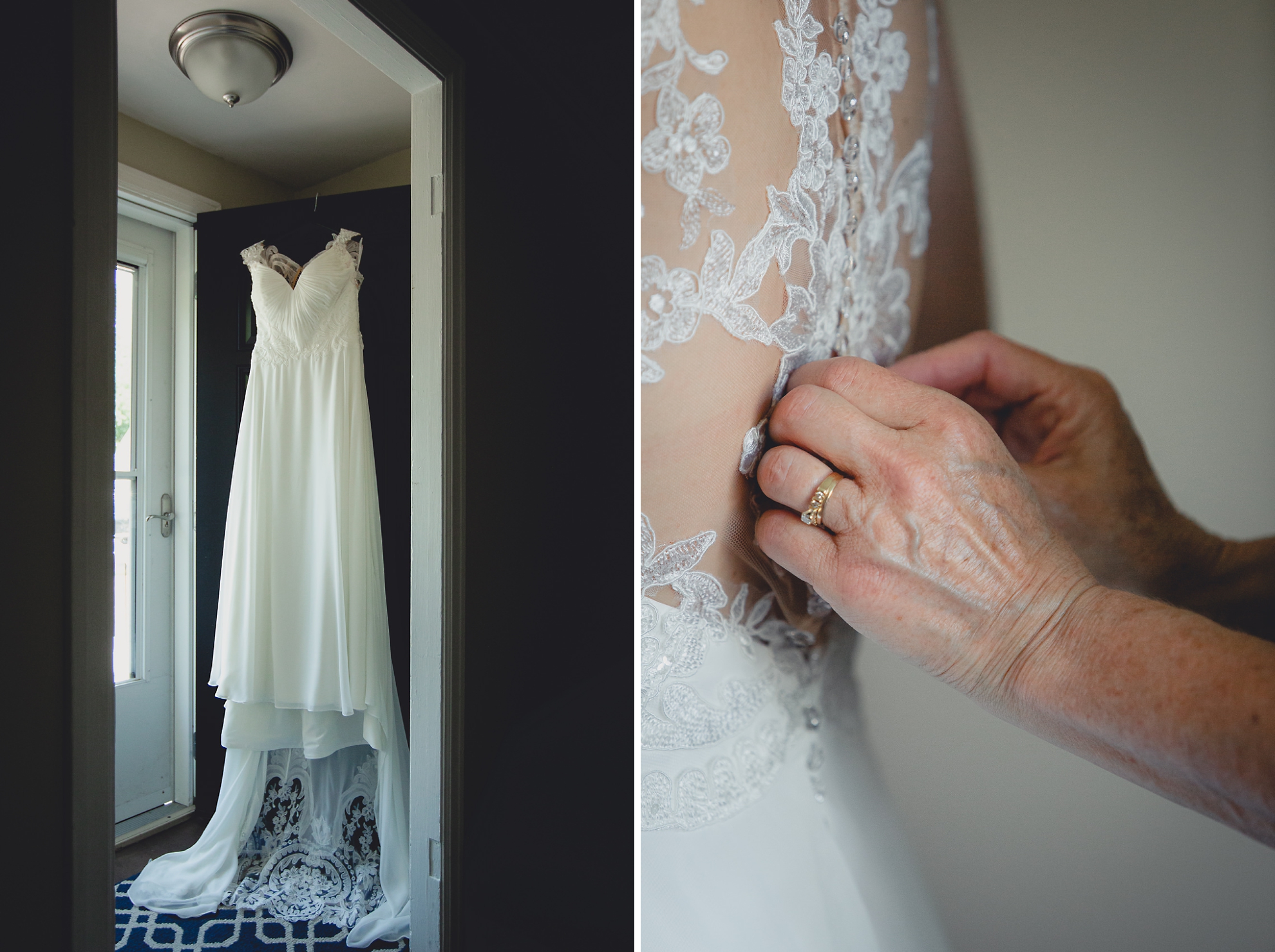 brides dress hangs in doorway before wedding ceremony in Buffalo, NY
