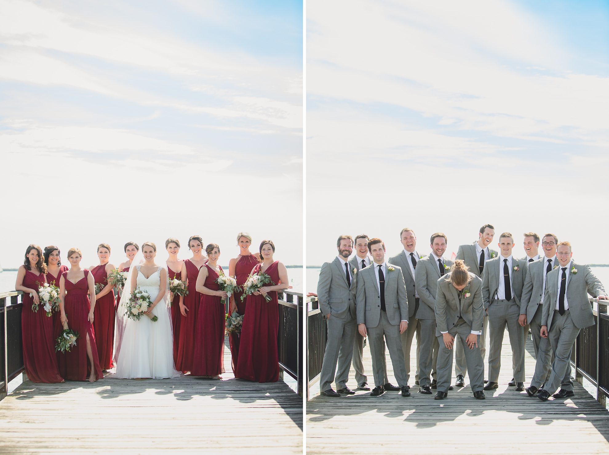 wedding party poses for photographer at wedding on pier at Gallagher Beach on Outer Harbor of Buffalo, NY