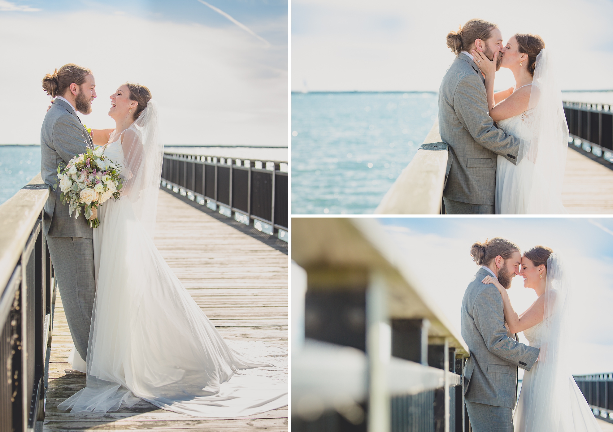 bride and groom pose for photographer at wedding on pier at Gallagher Beach on Outer Harbor of Buffalo, NY