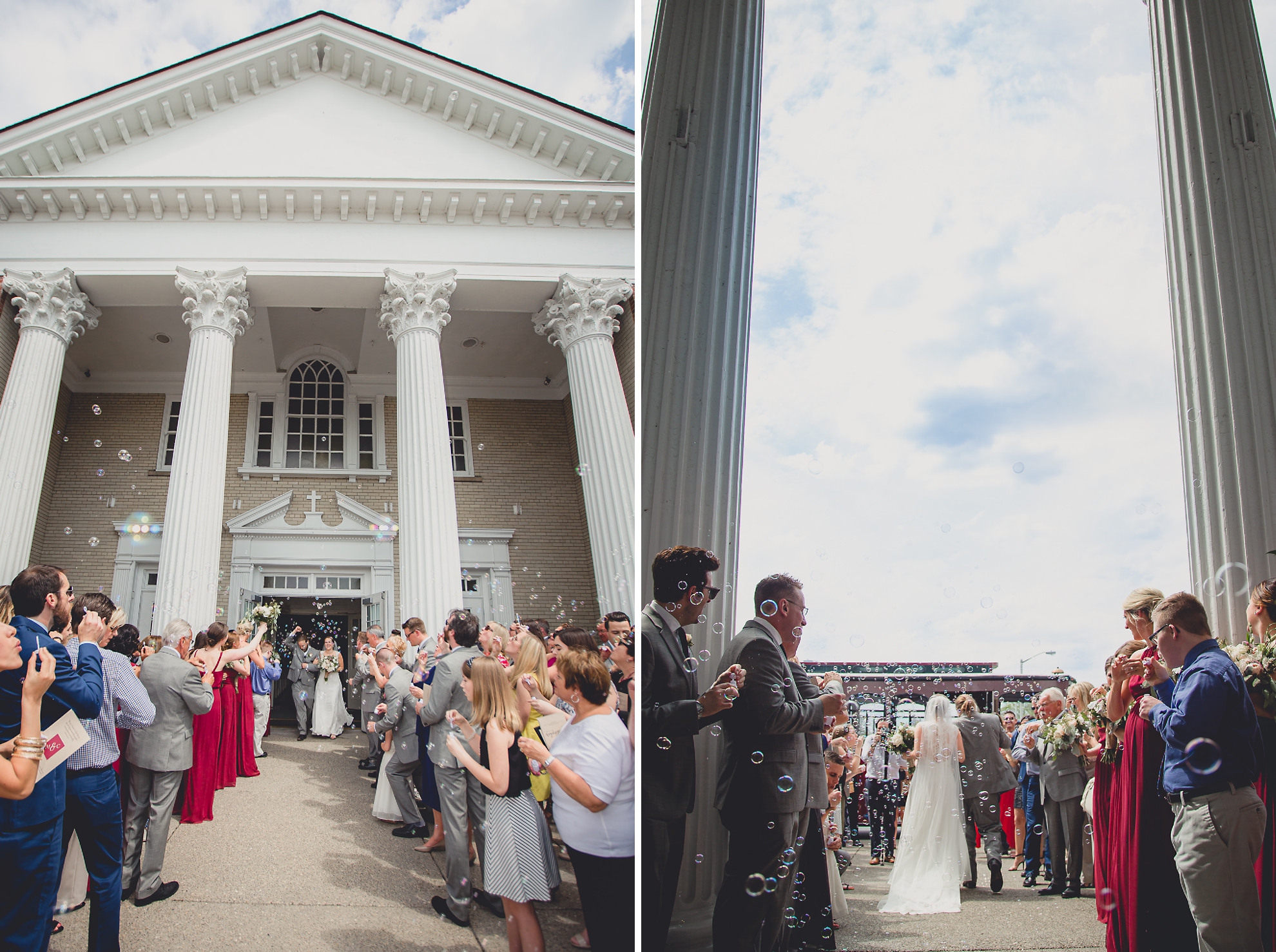 bride and groom exit church with bubbles after wedding ceremony at St. John the Baptist church in Kenmore, NY
