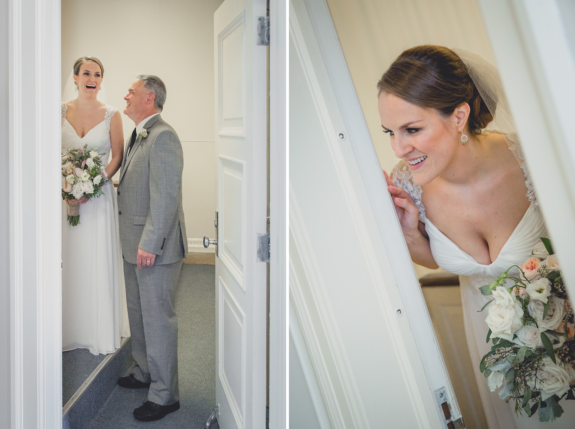 bride peeks out at guests before wedding ceremony at St. John the Baptist church in Kenmore, NY