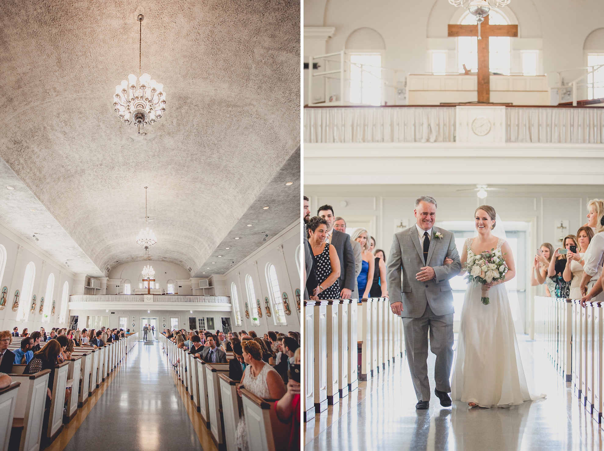 father and bride walk down aisle during wedding ceremony at St. John the Baptist church in Kenmore, NY