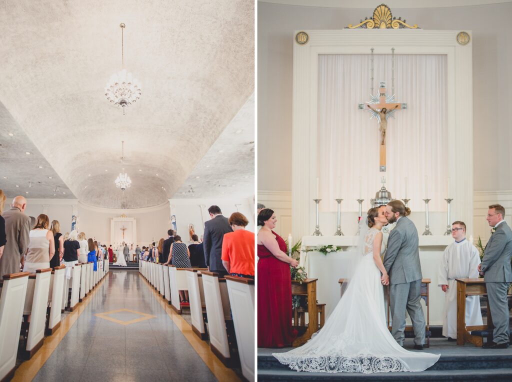 bride and groom kiss during wedding ceremony at St. John the Baptist church in Kenmore, NY