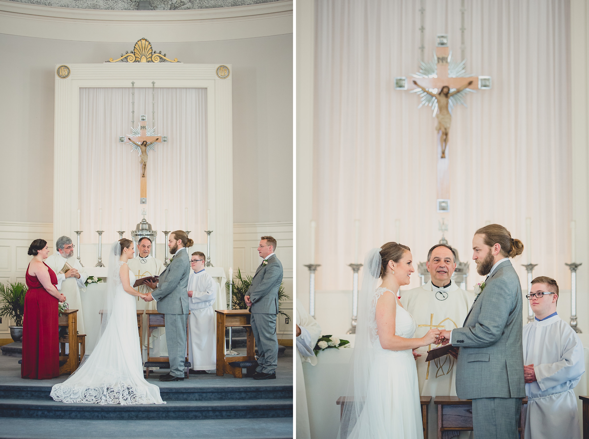 bride and groom exchange vows during wedding ceremony at St. John the Baptist church in Kenmore, NY