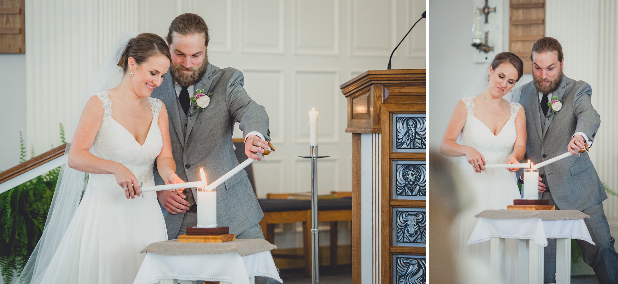 bride and groom light candle during wedding ceremony at St. John the Baptist church in Kenmore, NY