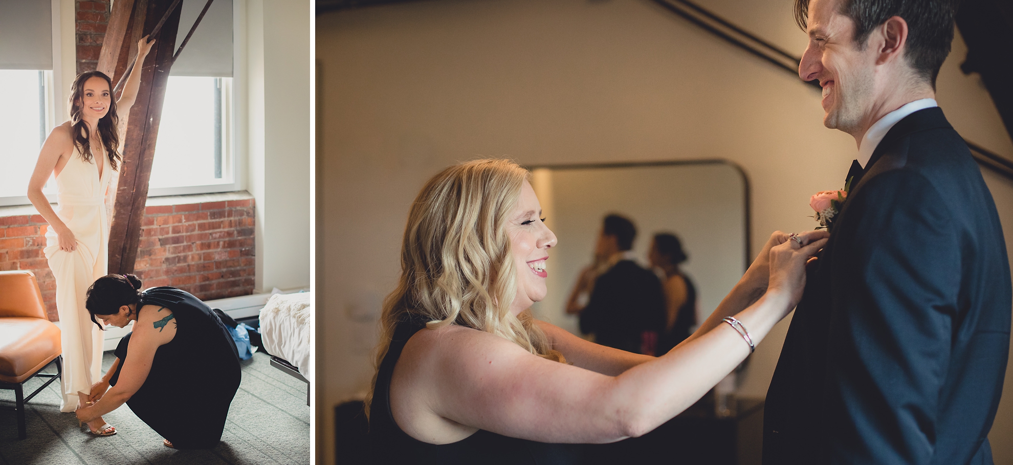brides get ready during portrait session before wedding at Hotel Henry in Buffalo, NY
