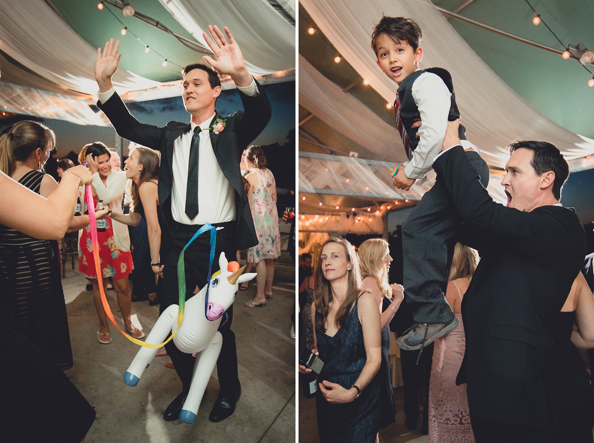 bridesman rides rainbow unicorn, lifts ring bearer, during wedding at Marcy Casino in Delaware Park in Buffalo, NY
